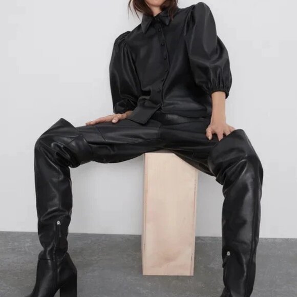 Zara Black Faux Leather Shirt M New - Picture 2 of 6